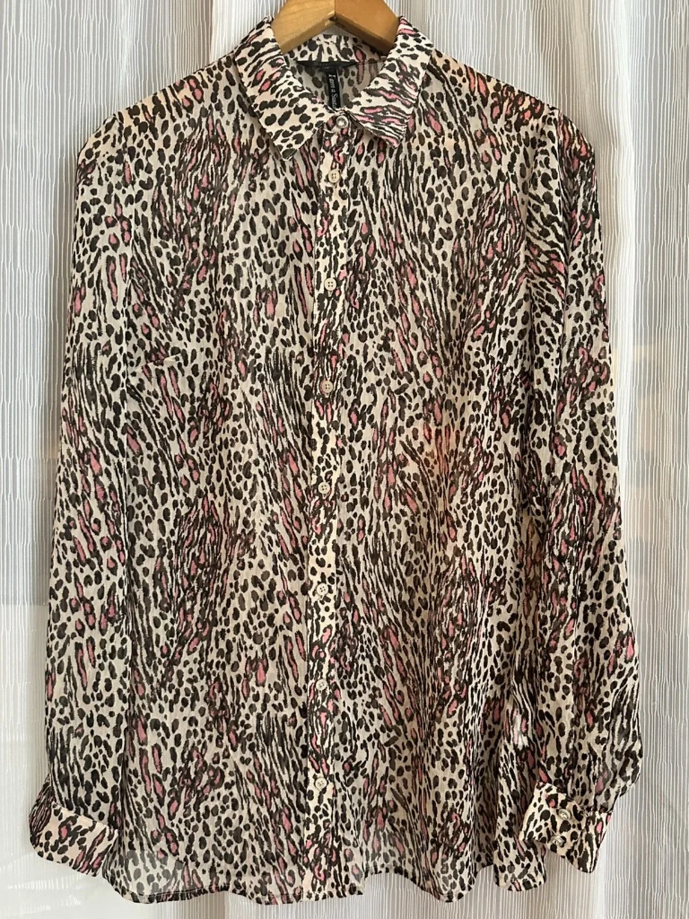 Guess Leopard Print Button-Up Blouse in Ivory, Black & Pink - Picture 6 of 6